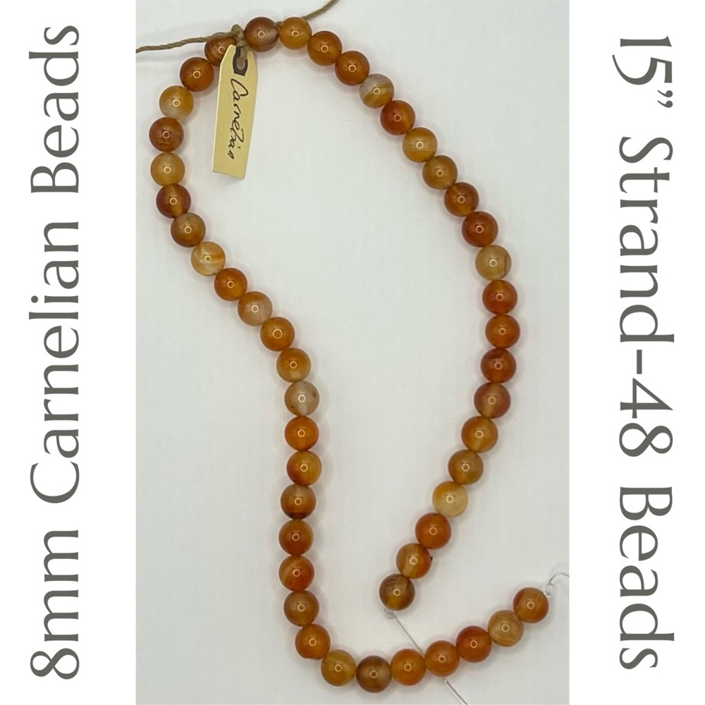 8mm Carnelian‎ - 15” Strand - 48 Individual Beads For Beading Jewelry Making